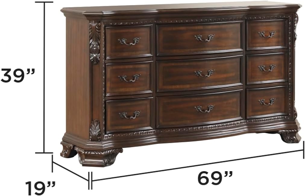 Traditional Style 5 Pc King Bedroom Set with Intricate Wood Carvings Made with Wood in Walnut