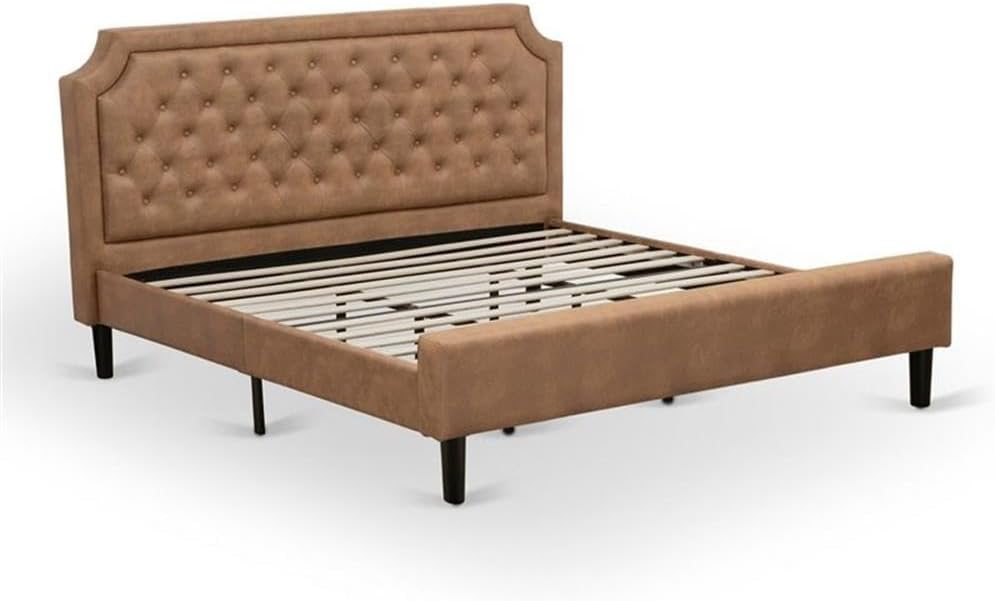East West Furniture GB28K-1GA07 2-Piece Platform Bedroom Set with Button Tufted King Frame and 1 Distressed Jacobean End Table - Brown faux Leather with Brown Texture and Black Legs
