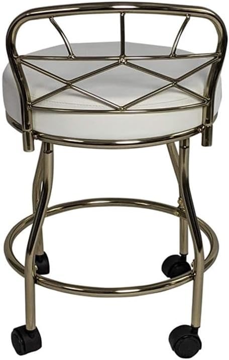 Pemberly Row Modern X-Back Vanity Bench, 27.5 in Tall, Gold Powder-Coated Metal Frame, White Leatherette Upholstered Seat, Casters for Easy Mobility, Elegant Bathroom or Dressing Room Seating