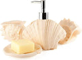 Vanity Bathroom Decor, Shell Sandstone Bathroom Accessories Set 4 Pieces Bathroom Set Contain Soap Dispenser Soap Dishes Gargle Cups Housewarming Gift(B)