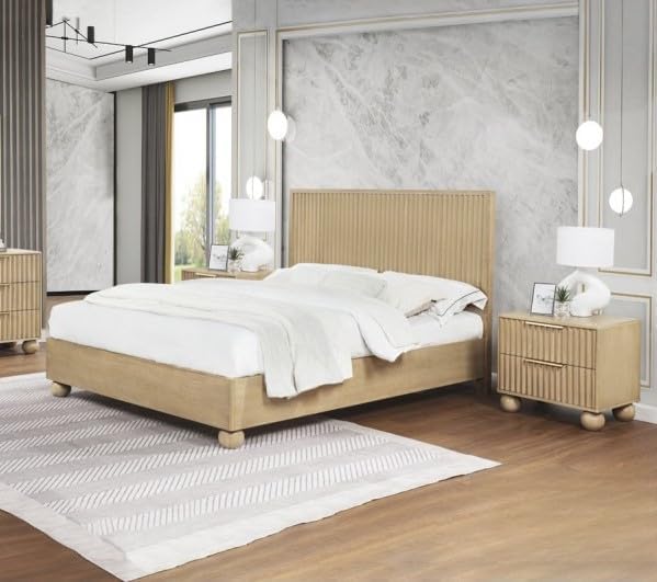 Light Oak Wood Eastern King Bedroom Furniture 2pc Set, Fluted Design Platform Bed with Nightstand