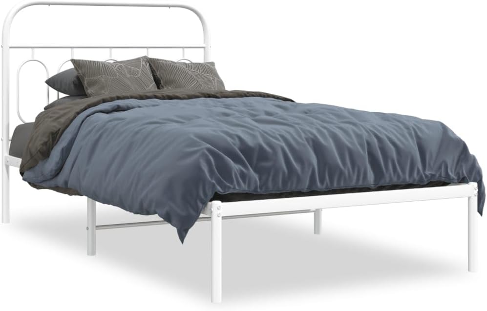 Metal Bed Frame with Headboard Twin Size White Steel Platform Bed Frame Sturdy Underbed Storage Space for Bedroom Guest Room