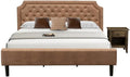 East West Furniture GB28K-1GA07 2-Piece Platform Bedroom Set with Button Tufted King Frame and 1 Distressed Jacobean End Table - Brown faux Leather with Brown Texture and Black Legs
