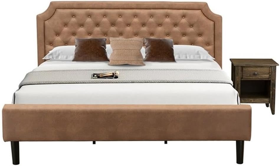East West Furniture GB28K-1GA07 2-Piece Platform Bedroom Set with Button Tufted King Frame and 1 Distressed Jacobean End Table - Brown faux Leather with Brown Texture and Black Legs