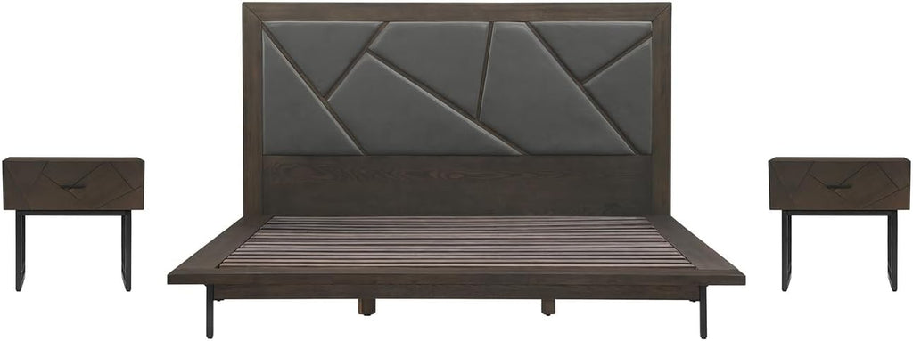 HomeStock King Size Bed Frame Set Oak WoodFaux Leather Bedroom Furniture