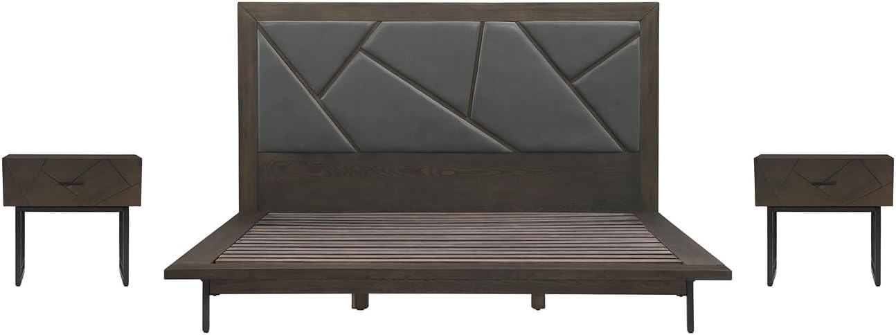 HomeStock King Size Bed Frame Set Oak WoodFaux Leather Bedroom Furniture