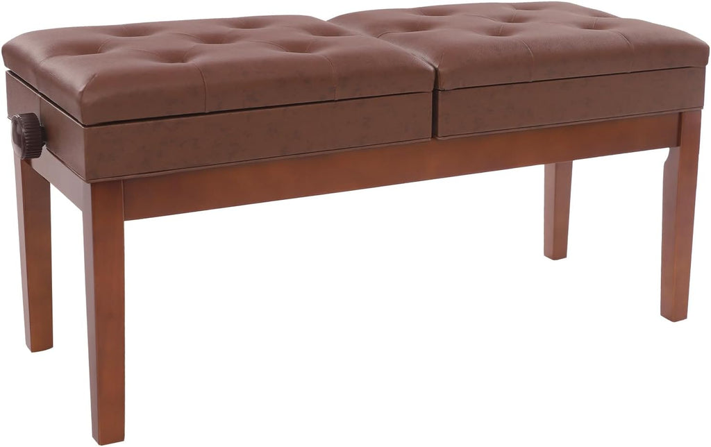 Adjustable Duet Piano Bench with Storage, Wood Keyboard Stool with PU Leather Padded Cushion, Double Seater Piano Chair with High-Density Sponge for Piano, Vanity, Living Room (Brown)