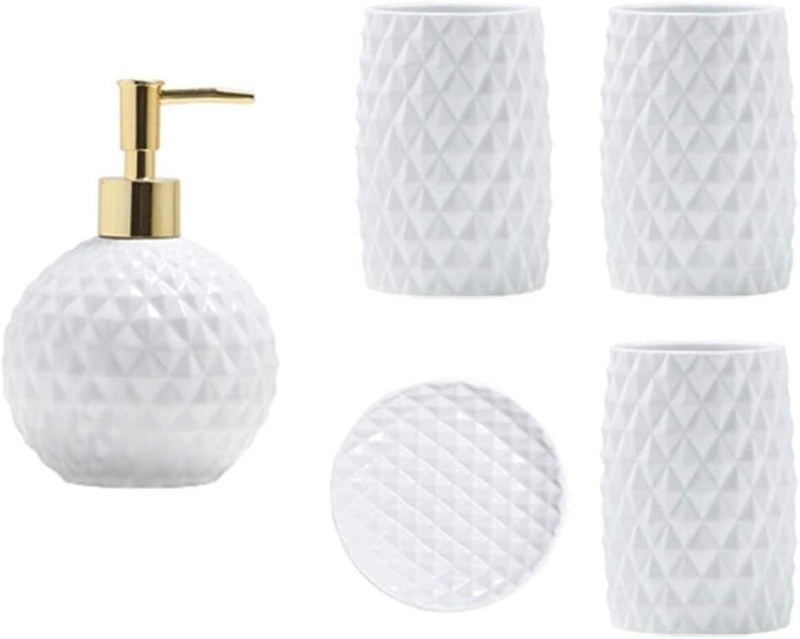 Vanity Bathroom Decor, 5pcs Ceramic Bathroom Accessories Set Geometric Bathroom Set Includes Lotion Dispenser Pump Tumbler Housewarming Gift