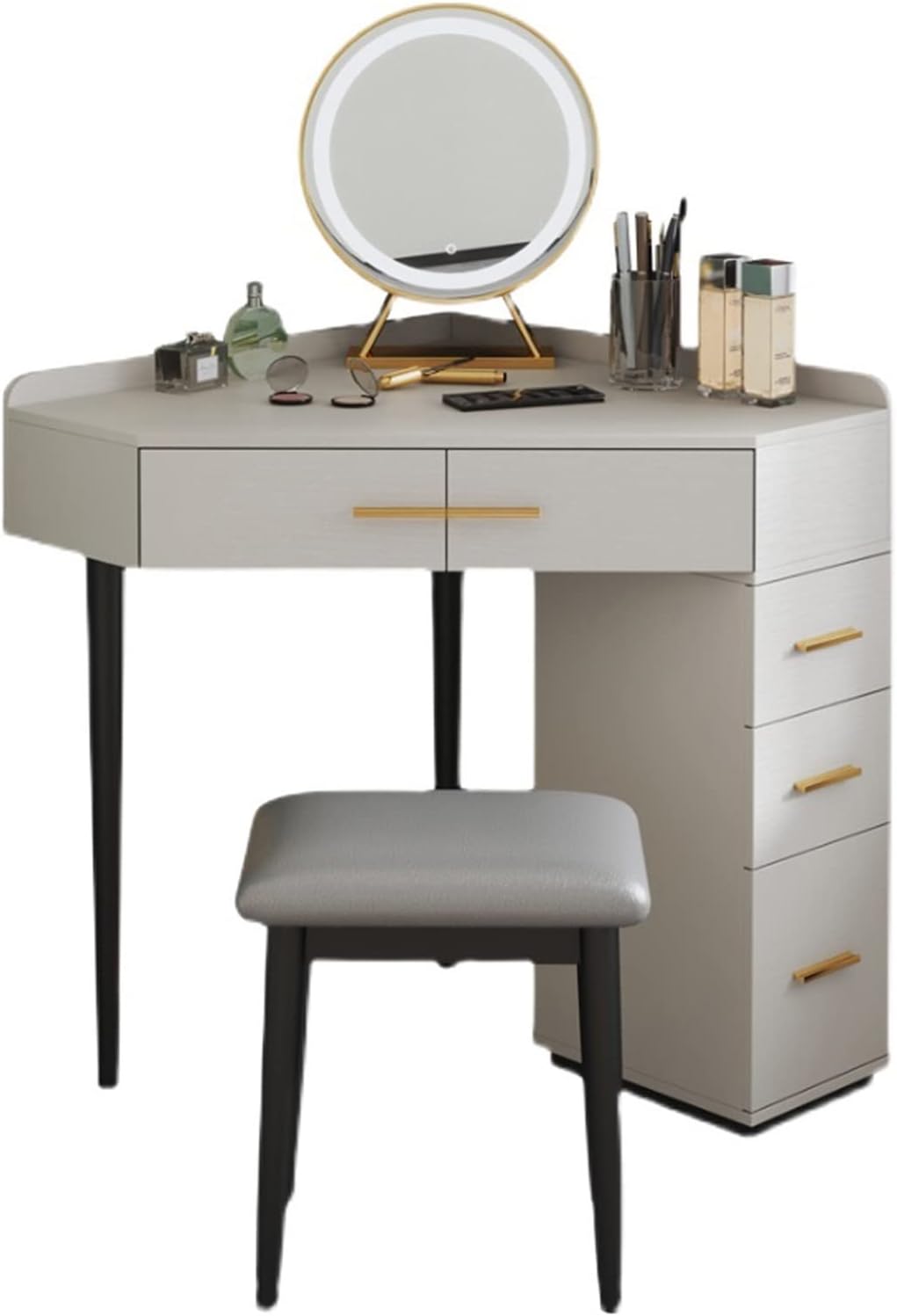 Makeup Vanity Home Bedroom Dressing Table Corner Makeup Table Makeup Mirror Makeup Stool with Drawer Side Cabinet Dresser Wooden Vanity