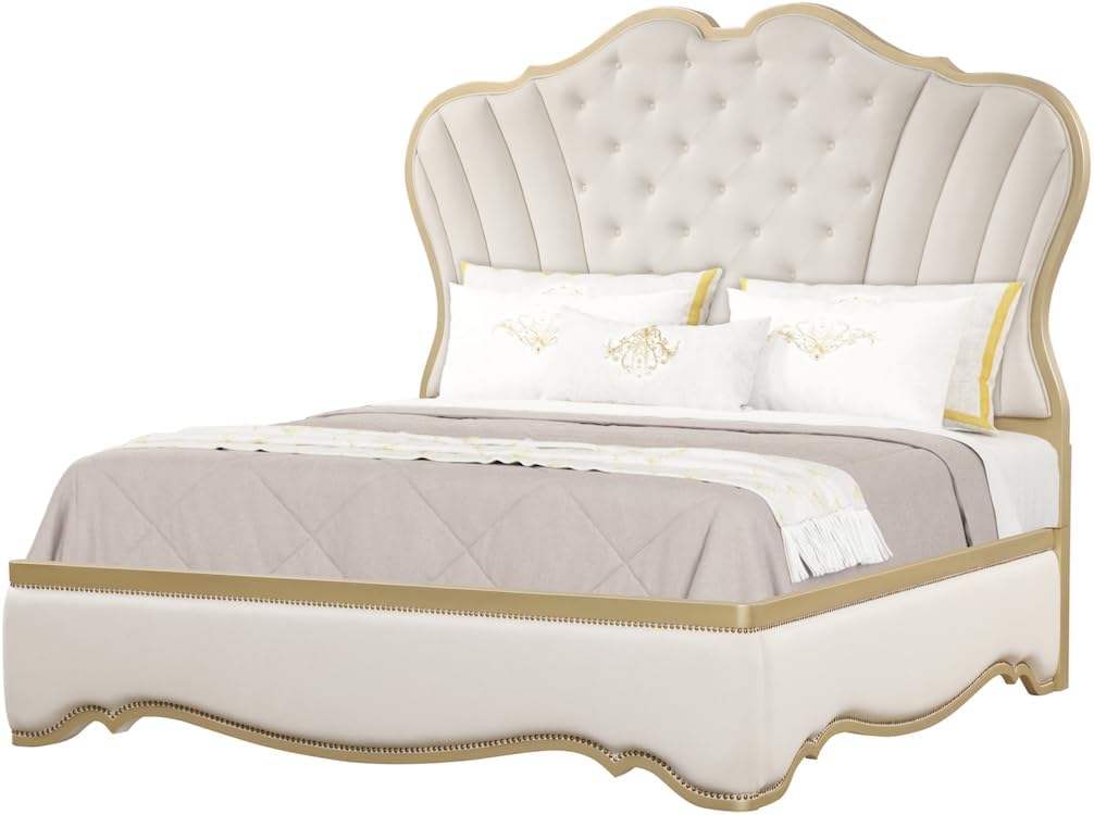 First of a Kind Athena Luxury 4-Piece King Bedroom Set in Ivory with Light Gold Finish – Traditional European Classical Bedroom Furniture Collection by Cosmos Furniture