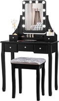 DORTALA Vanity Table Set w/ 360-Degree Rectangular Mirror & Cushioned Stool, Makeup Table w/ 10 LED Dimmable Bulbs, Bedroom Wood Dressing Table w/ 5 Drawers & Removable Box Organizer, Black