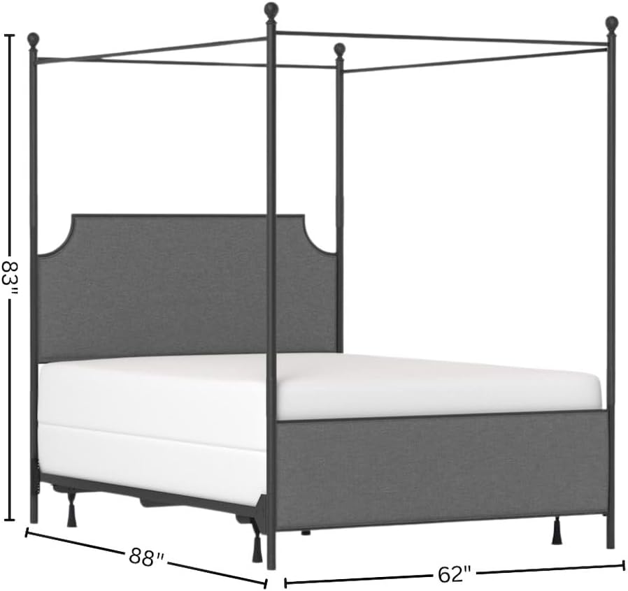 Starlight Canyon Home Queen Size Canopy Bed Frame with Upholstered Headboard, Matte Black Metal Frame with Soft Gray Accents for Elegant Bedroom Settings