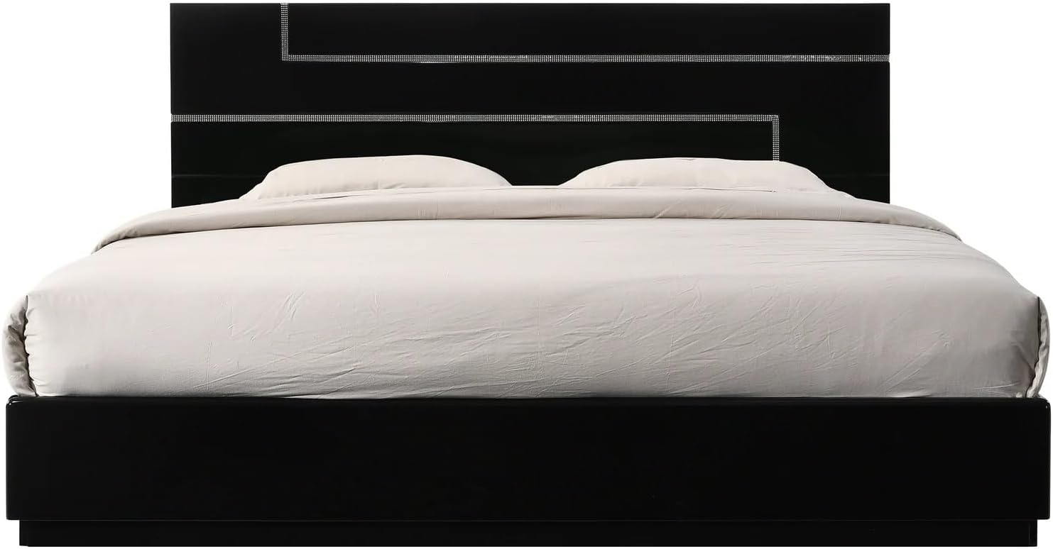 Contemporary Black Lacquer 5pc Bedroom Set - California King Size | Chrome Finish Base, High Gloss Finish Wood Bed Set