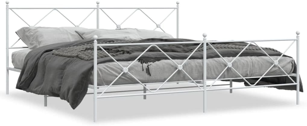 Metal Bed Frame with Footboard White King Size 76'x79.9' Steel Construction Heavy Duty Platform Bed with Underbed Storage Space for Bedroom Furniture