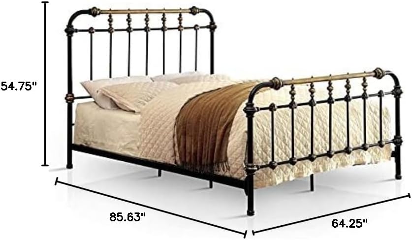 BOWERY HILL Farmhouse Metal Queen Spindle Bed, Antique Black Finish, Steel Construction, Powder-Coated with Gold Accents, Headboard and Footboard Slats, 85.63 x 64.25 x 54.75 in for Bedroom Use
