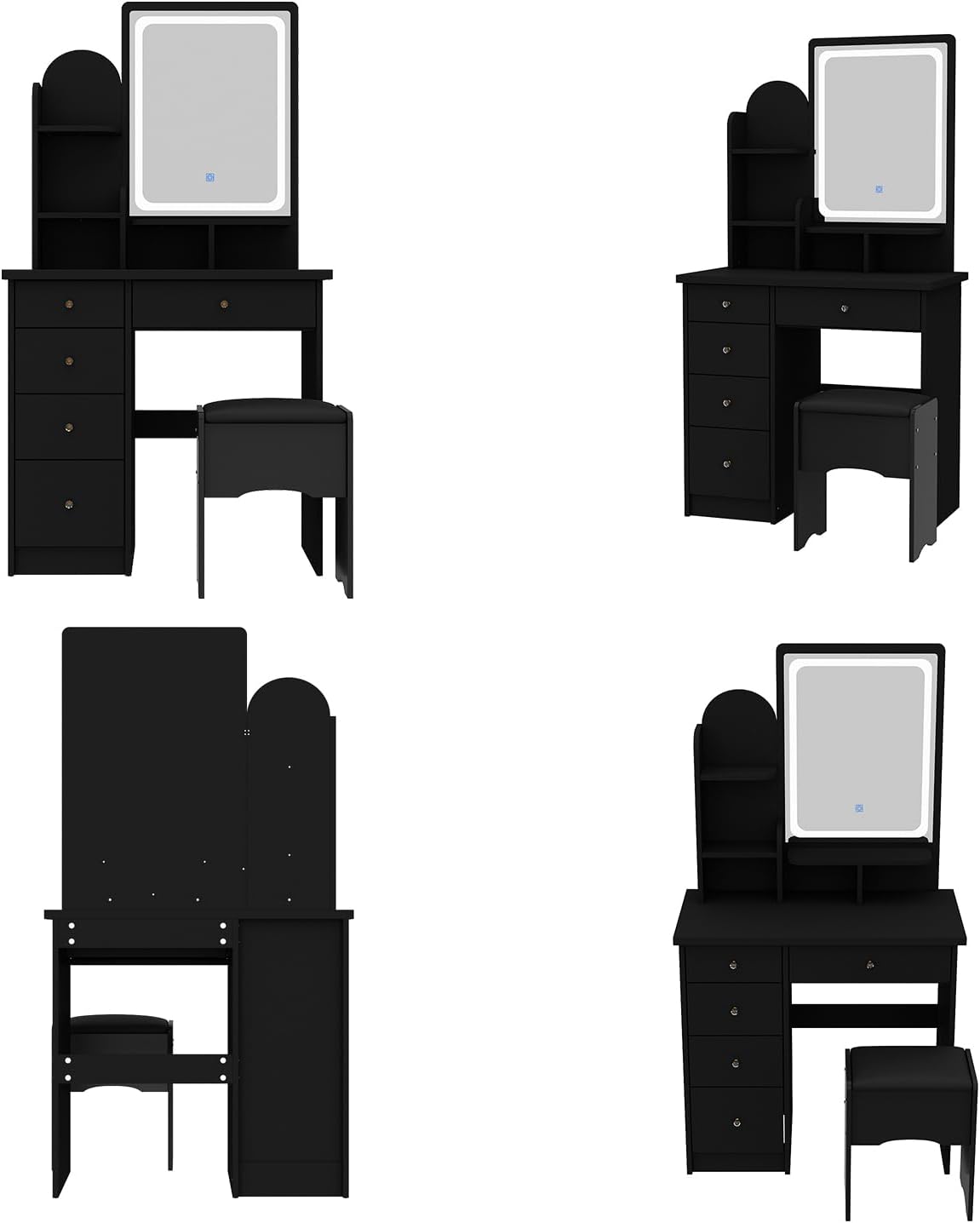 Vanity with Chair, Dressing Table with Lighted Rectangular Mirror, 5 Drawers and Shelves, Makeup Vanity Set with Storage for Bedroom, Crystal Knobs, Black, 15.7' D x 31.5' W x 55.1' H