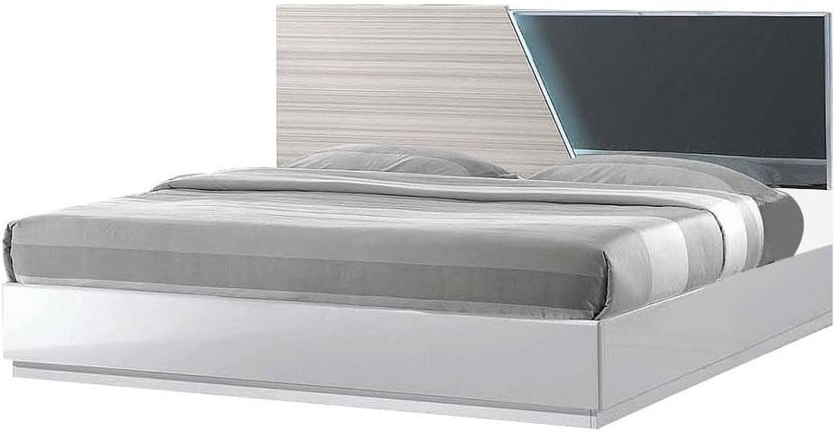 Modern 3-Piece Eastern King Size Bedroom Set, LED Lighting, High Gloss Lacquer Finish Wooden Bedroom Set, Zebra Gray
