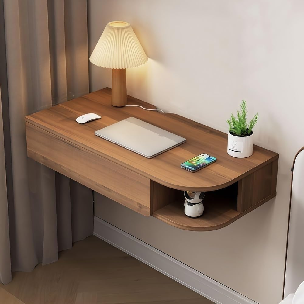 Wall-Mounted Desk with Storage Drawers Hanging Corner Vanity Table Wooden Computer Table Adjustable Bookshelf for Home Offices Heavy Duty(Brown Right,120 cm)