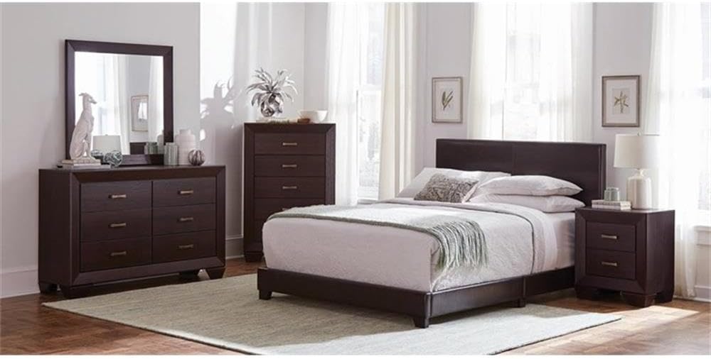 MAKLAINE 4-Piece Wood Twin Bedroom Set, Brown and Dark Cocoa Finish, Faux Leather Upholstered Bed, Includes Dresser, Nightstand, Mirror, Rubberwood Construction, Mid-Century Modern Style for Bedroom