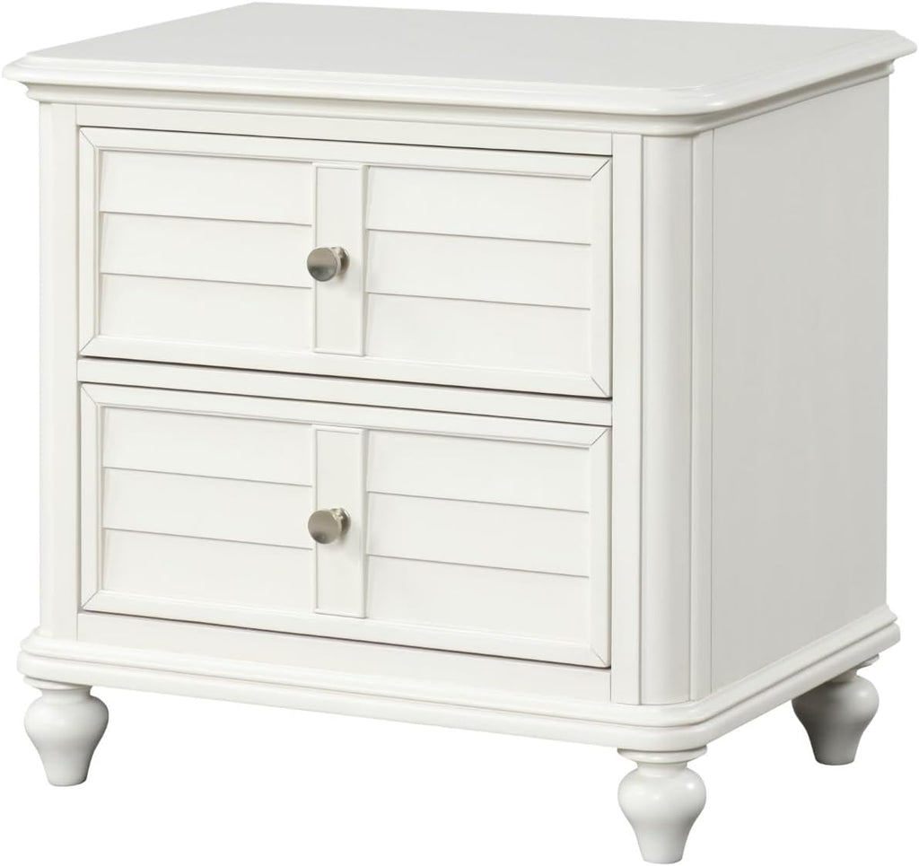 MASARA 3-Piece Transitional Coastal Bedroom Set, Antique White Rubberwood with Louvered Headboard, Queen or King Size with 2 Nightstands (Queen)