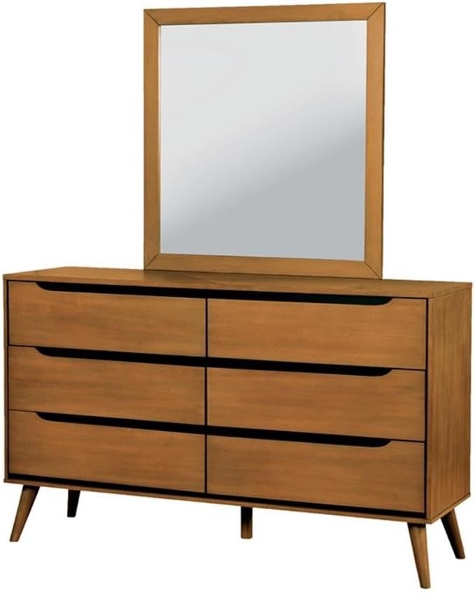 Allora 4-Piece Wood Bedroom Set, California King Bed, Nightstand, Dresser, Mirror, Solid Rubber Wood and Veneer, Oak Finish, Ample Storage, Timeless Design for Master Bedroom Furniture