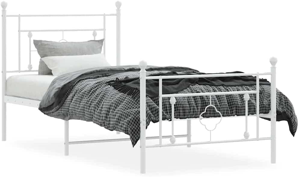 White Powder-Coated Steel Bed Frame 39.4x78.7 Inches, Modern Minimalist Design with Footboard, Durable Metal Platform for Adult Bedroom, Space-Saving Sturdy Construction,