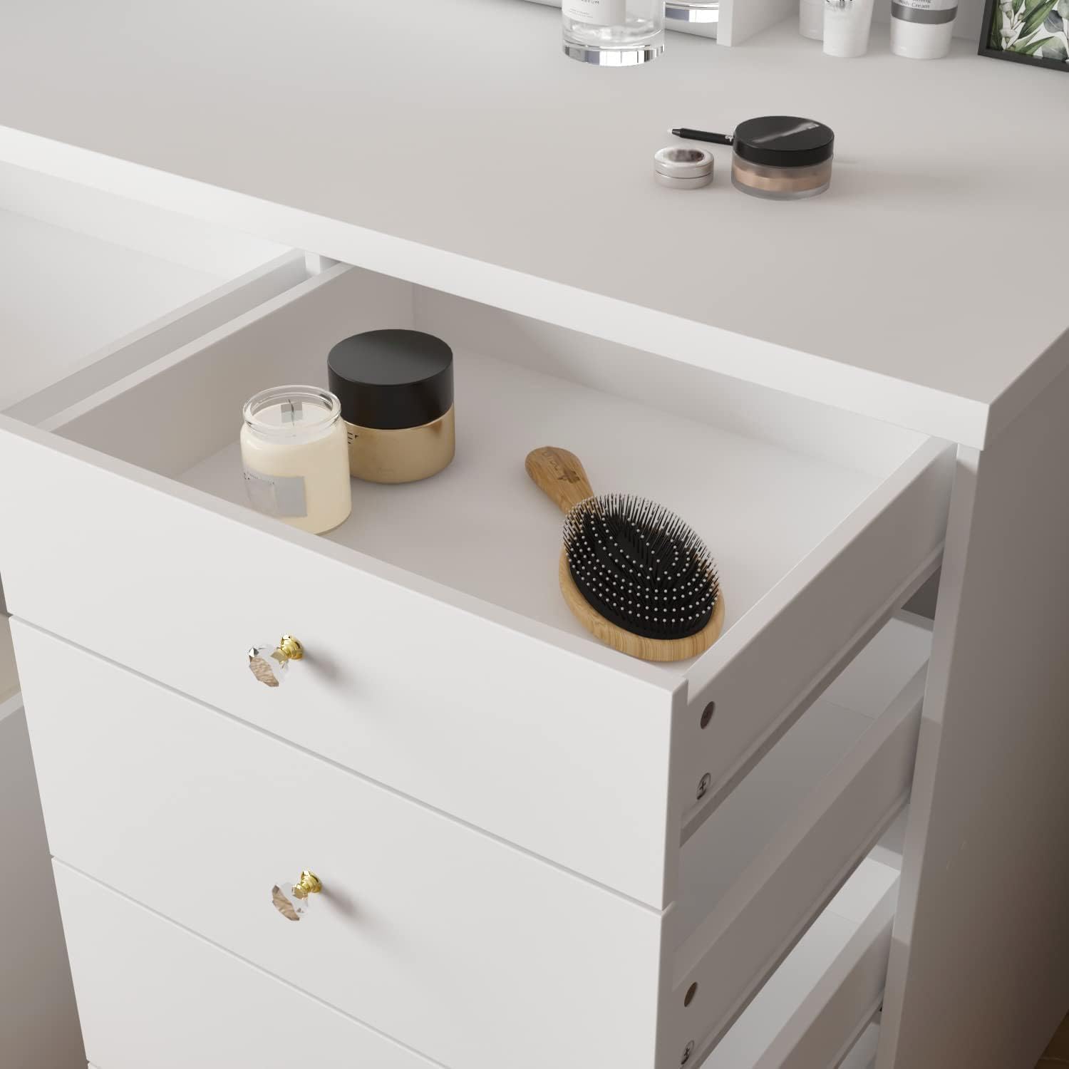 Homsee Vanity Desk Set Makeup Table with Large Sliding Lighted Mirror, Dressing Table with 5 Drawers, Storage Shelves & Cushioned Stool for Bedroom, White
