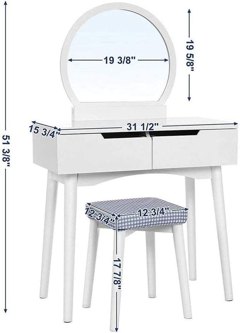 Round Mirror Vanity Table Set Sliding Drawers Makeup Dressing Table with Cushioned Stool Vanity Benches for Bedroom