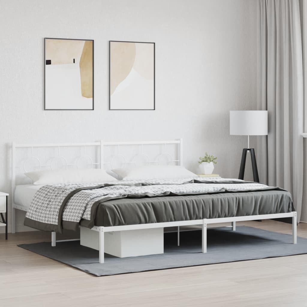Metal Bed Frame with Headboard Queen Size 76'x79.9' White Sturdy Steel Platform Bedframe for Bedroom Furniture