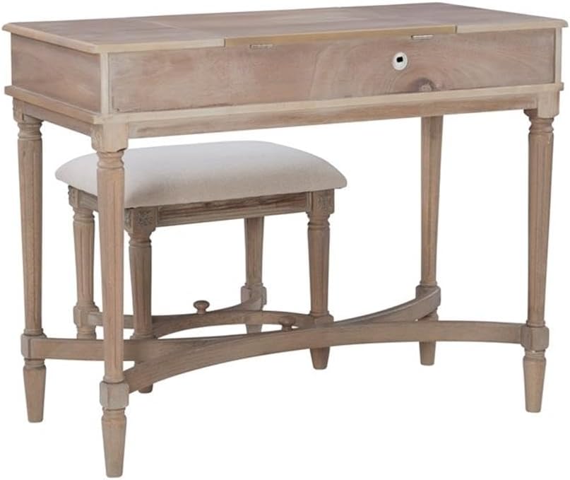Linon Cyndi Wood Vanity & Padded Stool Set Flip Up Mirror 2 Drawers in Gray Wash