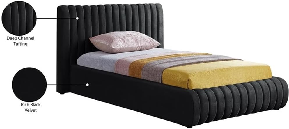 Pemberly Row Contemporary Velvet Twin Bed, 53' W x 86' D x 38' H, Deep Channel Tufted Rich Black Upholstery, Padded Headboard, Luxury Modern Bedroom Furniture