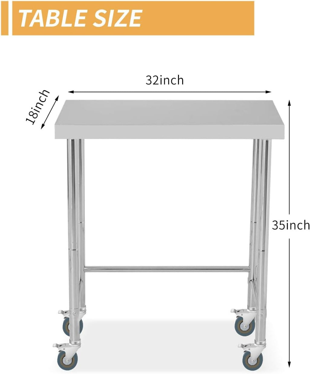 Stainless Steel Table, 18'x32'x35' Utility Work Tables, Commercial Kitchen Prep Table with Locking Casters and Open Base Single Tier, for Restaurant, Garage, Workshop, Silver