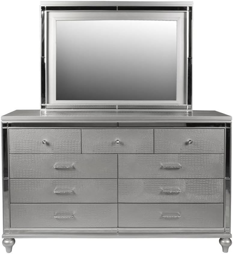 Pemberly Row 4-Piece Queen Bedroom Set, Solid Wood, Silver Finish, Includes Bed, Dresser, Mirror, Nightstand, Embossed Inlay, Lighted Headboard and Mirror, Durable MDF Drawers for Elegant Bedroom