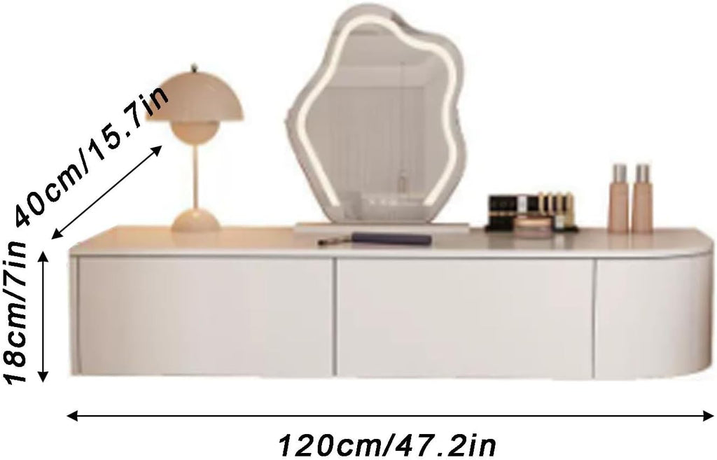 Floating Vanity Makeup Table, Modern White Suspended Desk with Drawers, Wall Mounted Corner Dressing Desk, Wood Hanging Nightstand for Bedroom(White Left,120cm/47.2in)