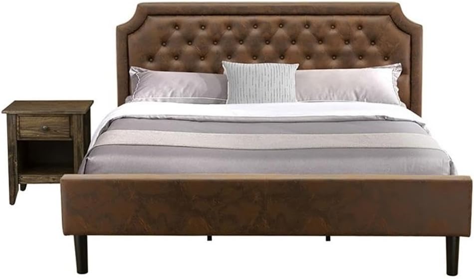 Pemberly Row 2-Piece Wood King Bedroom Set, Brown Jacobean Finish, Engineered Wood & Faux Leather, Upholstered Bed Frame with Hardwood Slats & Nightstand, Classic Style for Master Bedroom Decor