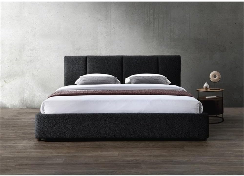 Venice Upholstered Platform Bed | Box Spring Not Required | (Black Boucle, King Bed Frame)