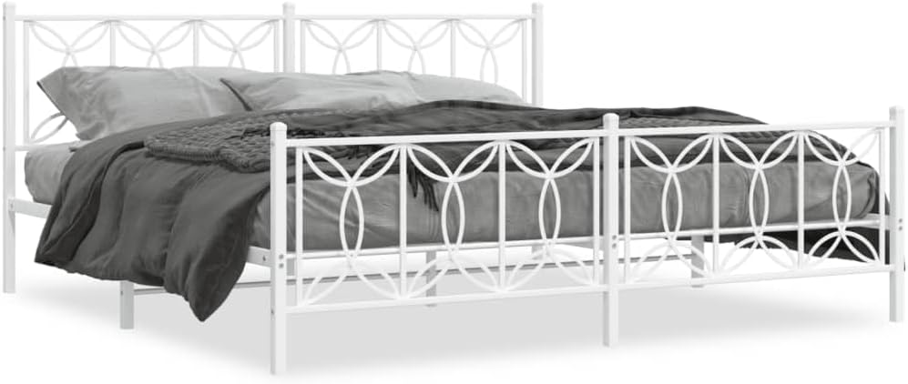 Metal Platform Bed Frame with Footboard White 76'x79.9' King Size Steel Frame Sturdy Bedframe with Underbed Storage Space for Bedroom Furniture
