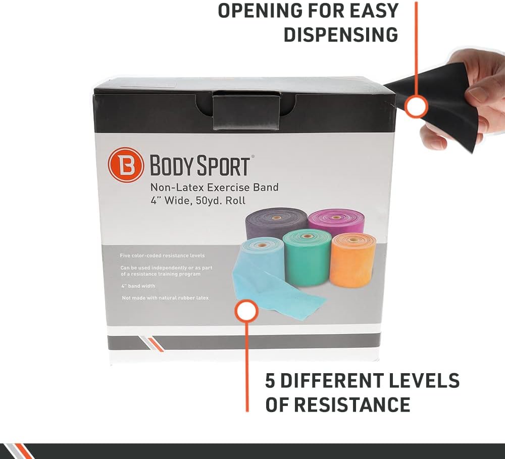 Body Sport Exercise Band, 50 yd. x 4 in. Roll - Home & Gym Fitness Equipment for Stretching, Strength Training & Physical Therapy