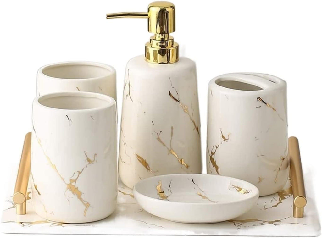 Vanity Bathroom Decor, Bathroom Accessory Set Modern Design Pieces Ceramic Light Luxury Bath Accessories Bath Set for Bathroom Housewarming Gift(D)
