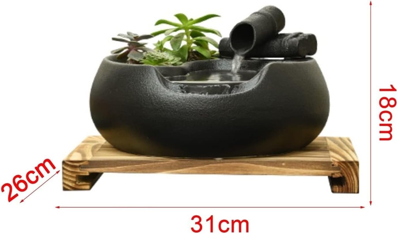 Ceramic Tabletop Fountain with Pump and Wooden Base – Indoor & Outdoor Office, Patio, Living Room Water Fountain Decor