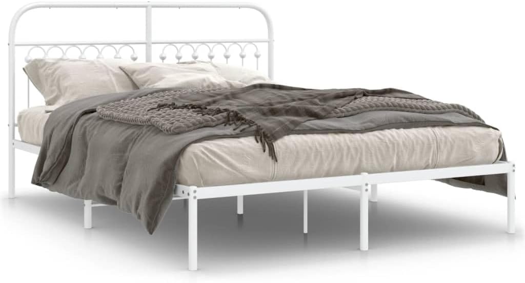 White Steel King Bed Frame with Elegant Headboard, Rectangular Traditional Design for Modern Bedroom, 4-Piece Metal Frame Set with Enhanced Support and Durable Construction