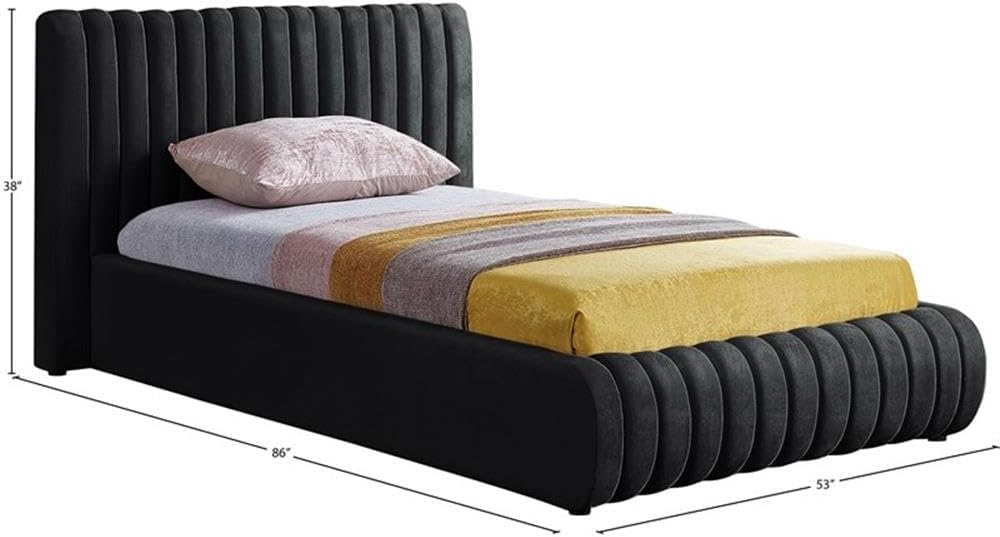 Pemberly Row Contemporary Velvet Twin Bed, 53' W x 86' D x 38' H, Deep Channel Tufted Rich Black Upholstery, Padded Headboard, Luxury Modern Bedroom Furniture