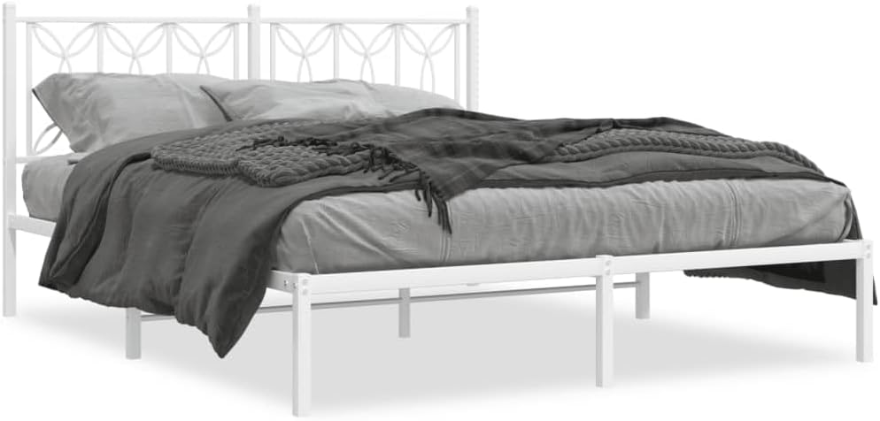 Metal Bed Frame with Headboard White Queen Size 59.1'x78.7' Sturdy Steel Platform Bed Frame for Bedroom Furniture Durable Support Underbed Storage