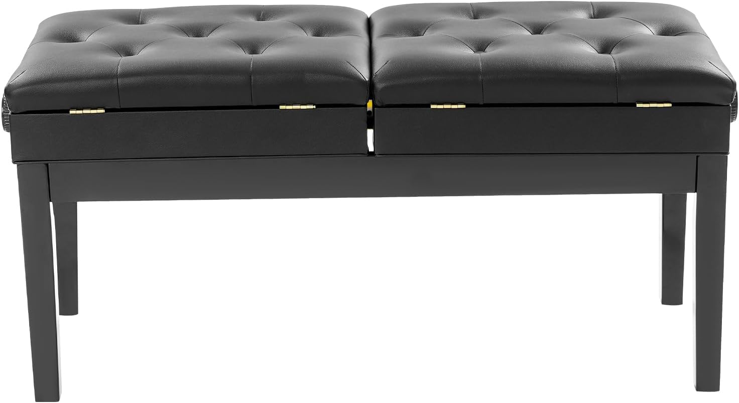 AngelcityCC Longer Duet Piano Bench with Storage, Adjustable Height Double Keyboard Piano Bench Seat with PU Leather Cushion