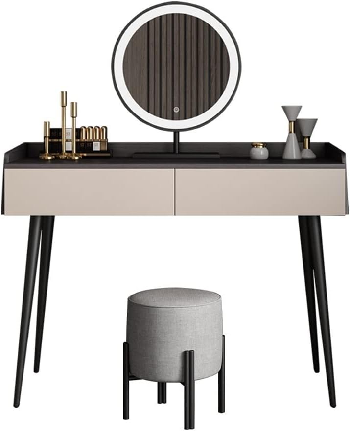 Vanity Benches Modern Bedroom Dresser Minimalist Small Unit Dresser Bedroom Vanity Desk with Two Drawers, One Stool and LED Mirror (Color : A)