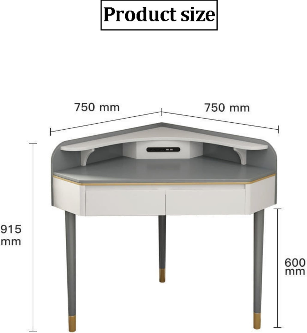 Corner Makeup Vanity Desk, Modern Vanity Table with 2 USB Ports, 2-Drawer Dressing Table, L-Shaped Vanity Tables, Solid Wood Writing Desk for Small Places (Gray)