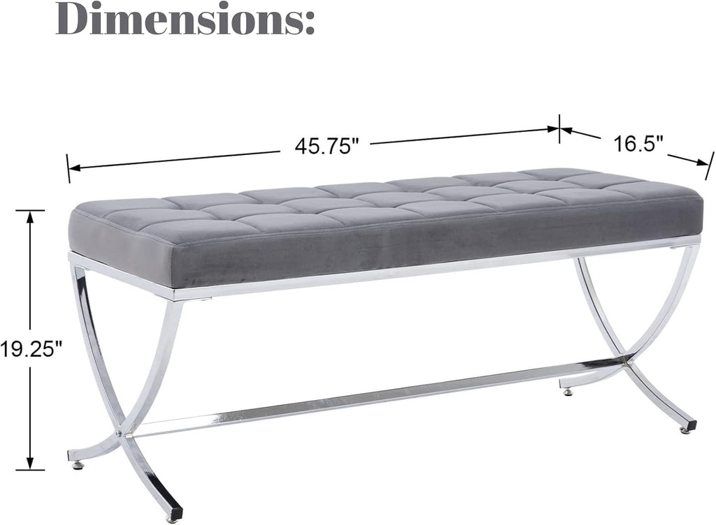 LukeAlon Modern Velvet Dining Bench, Button Tufted Ottoman Bench with X-Shape Chrome Finish Upholstered End of Bed Bench Comfy Entryway Bench for Bedroom Kitchen, Grey