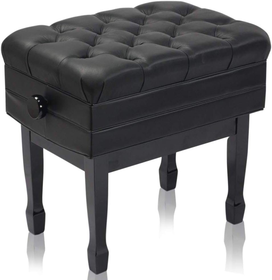 Griffin Piano Bench (Genuine Leather Plus Series) – Adjustable Ergonomic Keyboard Stool with Storage, Black Wood Frame for Home, Musicians, Guitar & Vanity Use
