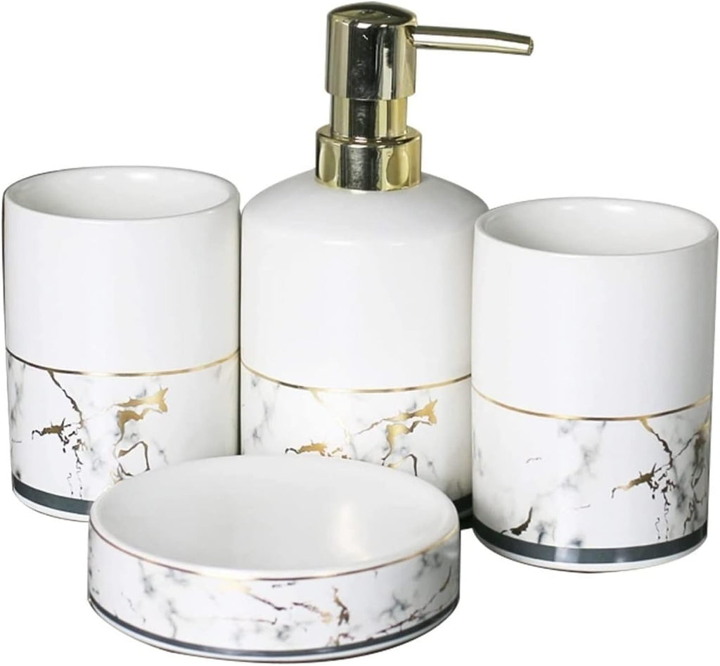 Vanity Bathroom Decor, Bathroom Accessory Set Marble Look Ceramics Bathroom Vanity Countertop Accessory Set Bathroom Décor Accessories Housewarming Gift(4-Piece Set)