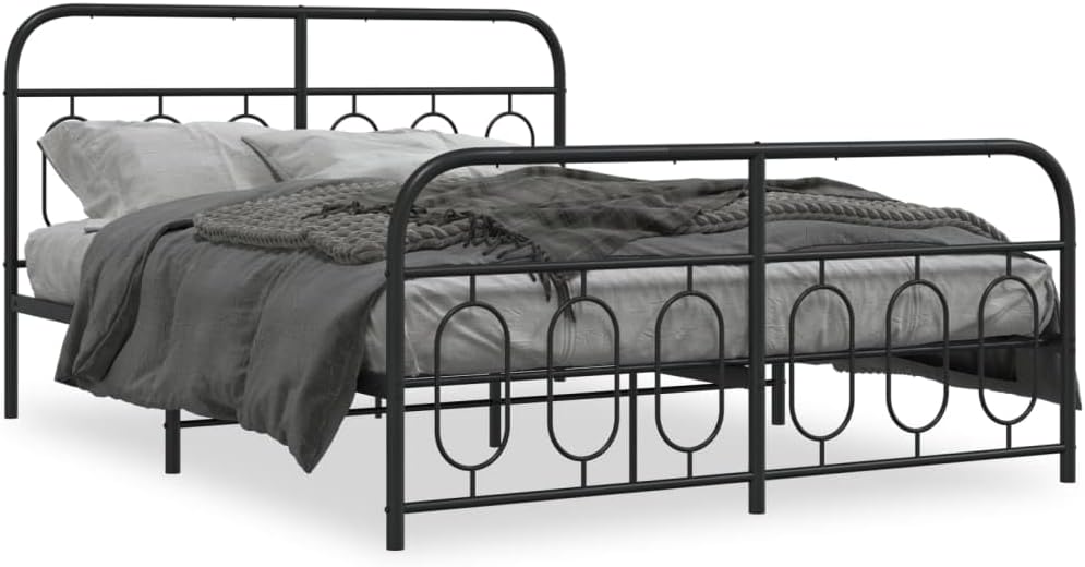 Queen Bed Frame Steel Platform Bed with Footboard Black 59.1'x78.7' Sturdy Metal Frame Underbed Storage Space for Bedroom Guest Room Furniture